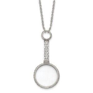 1928 Pewter-tone White Crystal Handle 2-3X Magnifying Glass 30 inch Necklace